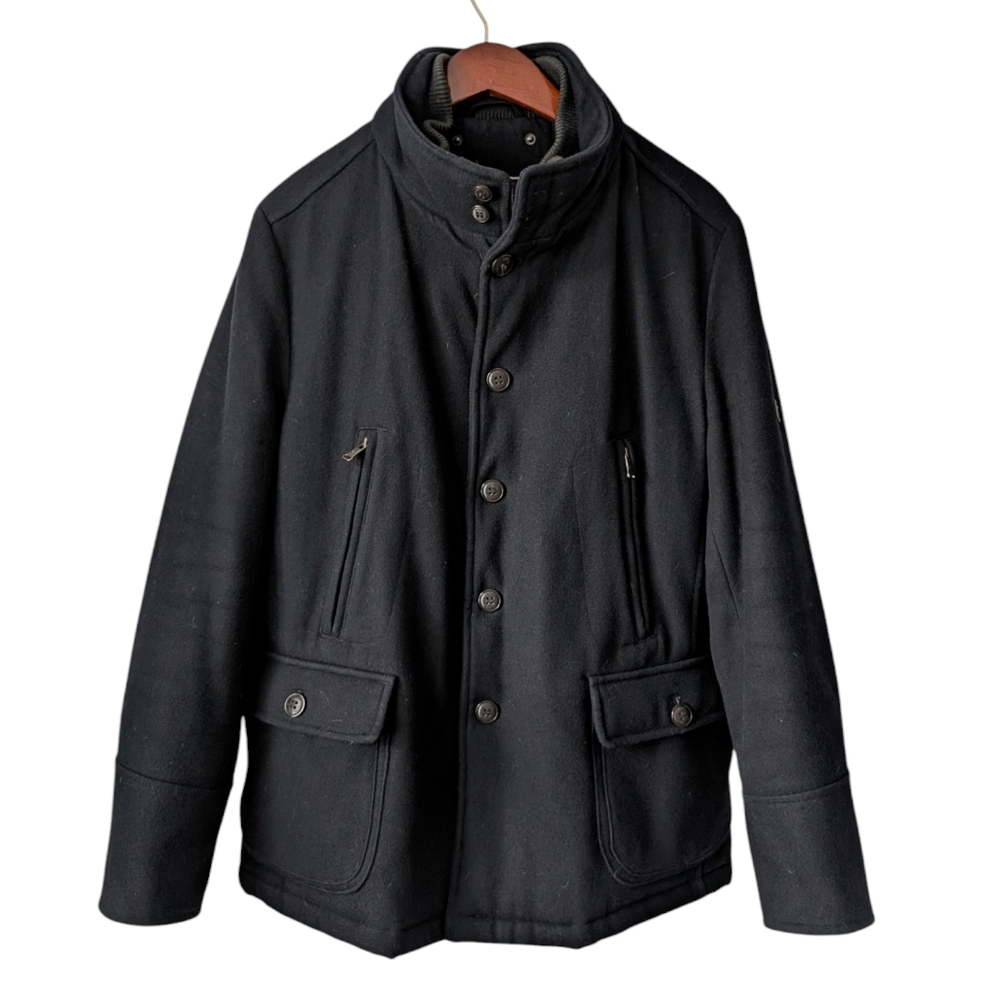 Pierre Cardin Men's Black Button Down Wool Peacoat Coat, size 52, Size L